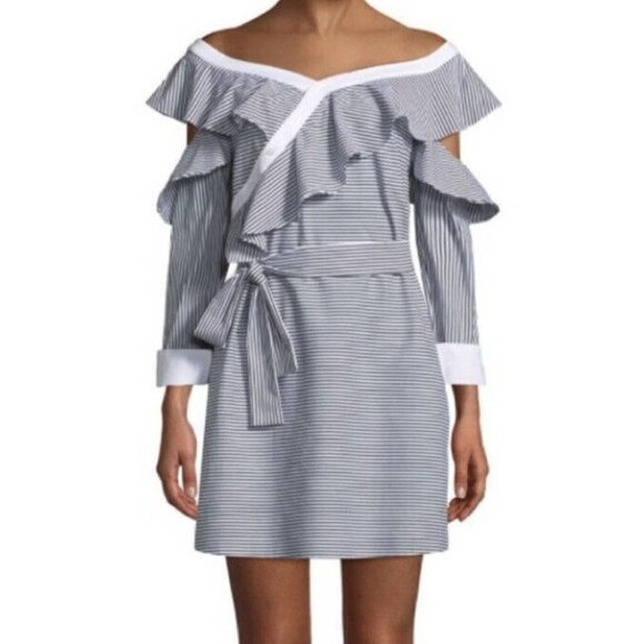 LAUNDRY BY SHELLI SEGAL Cold-Shoulder Tie Waist Ruffled Striped Dress Size 0 - Picture 1 of 9